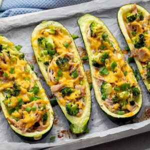 Low-Carb Stuffed Zucchini Boat Recipe [Broccoli, Chicken & Cheese]