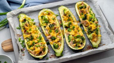 Low-Carb Stuffed Zucchini Boat Recipe [Broccoli, Chicken & Cheese]